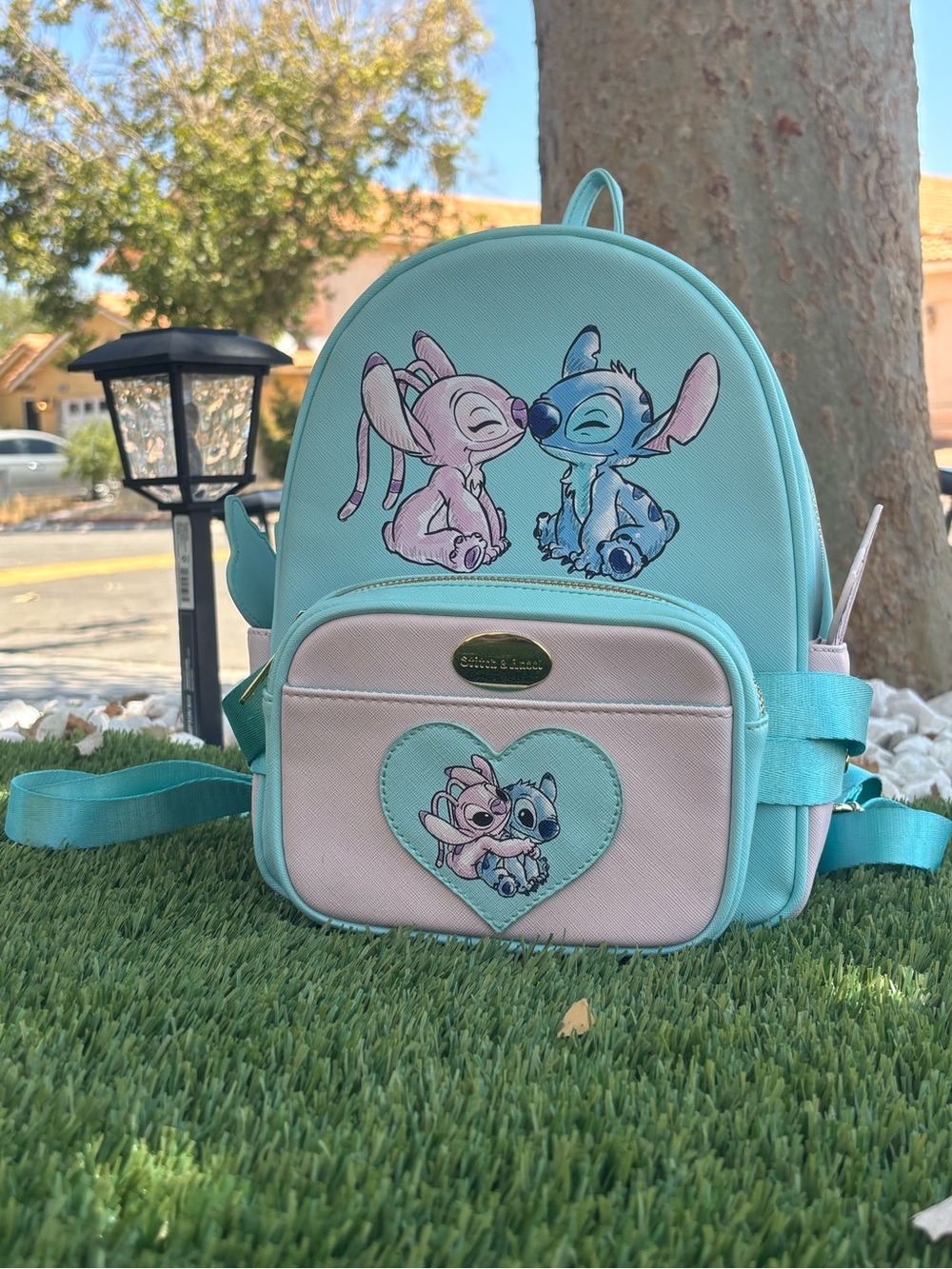 Loungefly Pastel Teal & Pink Stitch & Angel Mini Backpack with Fanny Pack